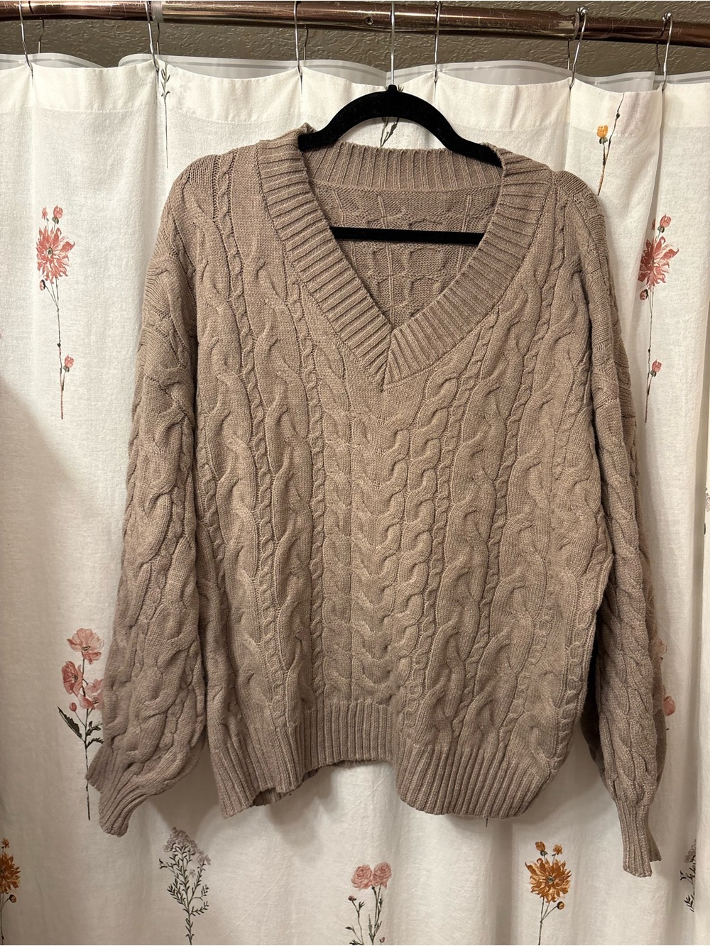 SHEIN Taupe Cable Knit V-Neck Sweater